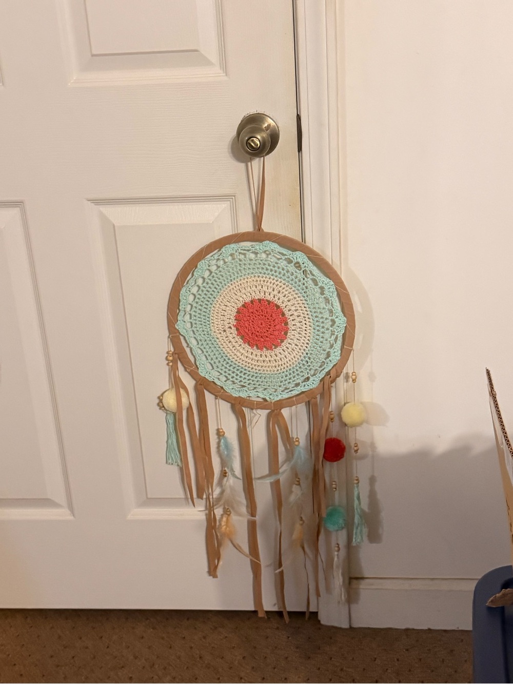 Crochet Dreamcatcher with Tassels and Pom Poms - Mint & Coral